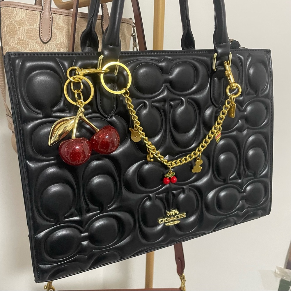Coach Black Embossed Tote with Gold Accents